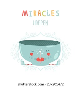 Christmas vector card with cute mug, magic wand and skates. New year illustration  Miracles happen with decorative elements