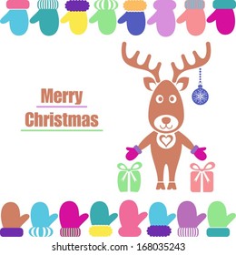 Christmas vector card with cute reindeer and gloves