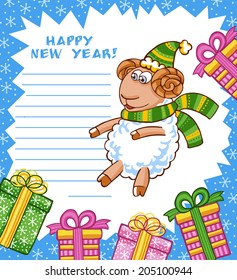 Christmas vector card with cute sheep in Christmas hat.