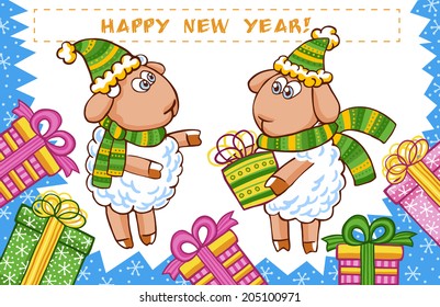 Christmas vector card with cute sheep in Christmas hat.