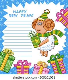 Christmas vector card with cute sheep in Christmas hat.
