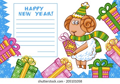 Christmas vector card with cute sheep in Christmas hat.