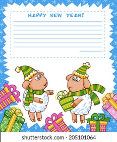 Christmas vector card with cute sheep in Christmas hat.