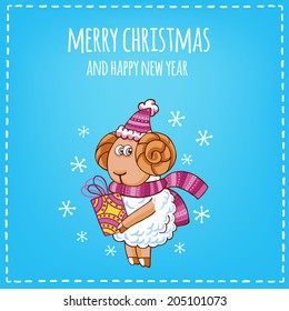 Christmas vector card with cute sheep in Christmas hat.