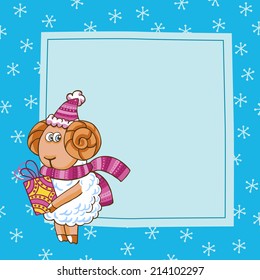 Christmas vector card with cute sheep in Christmas hat. 