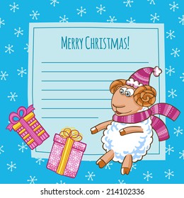 Christmas vector card with cute sheep in Christmas hat. 