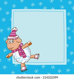 Christmas vector card with cute sheep in Christmas hat. 