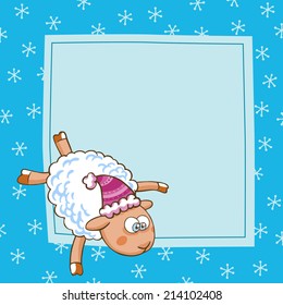 Christmas vector card with cute sheep in Christmas hat. 