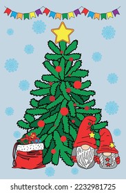 Una tarjeta vectorial de Navidad con un árbol decorado, una bolsa de regalos y dos gnomos