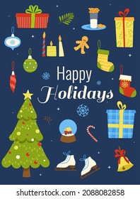 Christmas vector card in flat style with lettering. Happy Holidays. Christmas decor and items for the holiday set. Christmas decorations, gift boxes, interior items, skates, sweets. Design elements