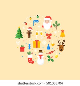 Christmas vector card in flat style. Christmas symbols illustration.