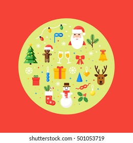 Christmas vector card in flat style. Christmas symbols illustration.