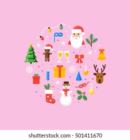 Christmas vector card in flat style. Set of symbols illustration. Winter holidays elements.