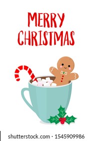 Christmas vector card. Funny gingerbread man in blue cup of cocoa with marshmallows