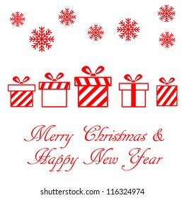 Christmas vector card with gift boxes and snowflakes