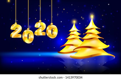 Christmas vector card with golden figures 2020 and christmas pines on snowy night background. Vector illustration for your graphic design.