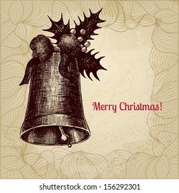 Christmas vector card with hand drawn ink pen stylized bell and winterberry