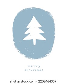 Christmas Vector Card. Hand Drawn Christmas Tree in a Blue Frame isolated on a White Background. Winter Holidays Print with Handwritten Merry Christmas ideal for Card, Poster, Wall Art. Cool Xmas.