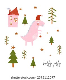 Christmas Vector Card. Hand Drawn Christmas Tree, Pink Dinosaur as Santa Claus, House and Red Bauble. Infantile Style Christmas Print.Crayon Drawing-Like Xmas Tree and Dino on a White Background.RGB. 