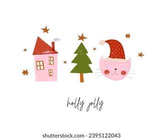 Christmas Vector Card. Hand Drawn Christmas Tree, Pink Cat as Santa Claus and Pink House. Infantile Style Christmas Print.Crayon Drawing-Like Xmas Tree, Home and Kitty on a White Background. RGB.