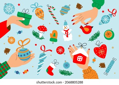 Christmas vector card with hands and winter festive decorations. Flatlay illustrations. New year happy background.