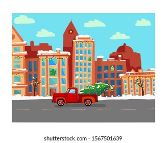 Christmas vector card, holiday is coming, Christmas mood, Santa's car in the city, decorate the city with garlands