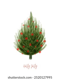 Christmas Vector Card. Holly Jolly. Green Christmas Tree with Red Baubles on a White Background. Xmas Print Ideal for Card, Greeinting. Infantile Style Drawing Spruce Tree with Red Lights. RGB.