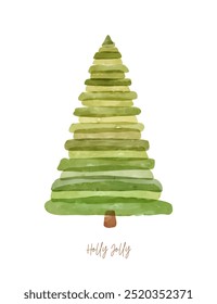 Christmas Vector Card. Holly Jolly. Green Abstract Watercolor Christmas Tree on a White Background. Xmas Print Ideal for Card, Greeinting. Infantile Style Drawing Spruce Tree Made of Stripes. RGB.