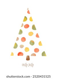 Christmas Vector Card. Holly Jolly. Green Abstract Watercolor Christmas Tree on a White Background. Xmas Print Ideal for Card, Greenting. Infantile Style Drawing Spruce Tree Made of Dots. RGB.