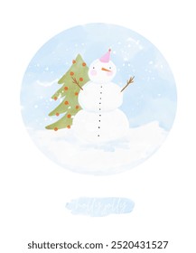 Christmas Vector Card. Holly Jolly. Watercolor Winter Landscape with Christmas Tree and Snowman in a Round Frame. Happy Snowman on a White Background. Xmas Print Ideal for Card, Greenting. RGB.