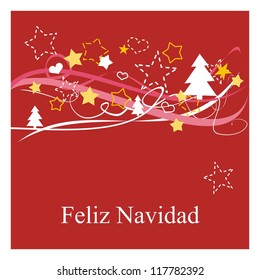 Christmas vector card or invitation for party with Merry Christmas wishes in espanol: Feliz Navidad. Classic illustration with red background, white and yellow stars, trees and hearts.