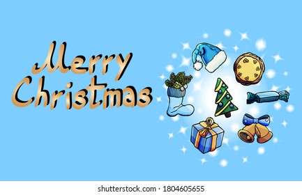 Christmas vector card on a blue background, cartoon style, gifts, ribbons, cookies, New Year's klpak, glow, stars, bells, candy cane, tree, Merry Christmas, new year, postcard, banner, stars, gift box