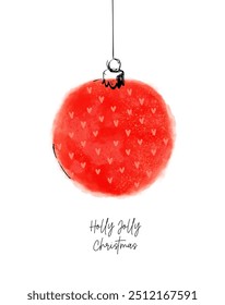 Christmas Vector Card with Red Bauble with Ornament Made of Hearts. Red Hand Drawn Christmas Tree Ball on a White Background. Holly Jolly Christmas. Winter Holidays Print. RGB.