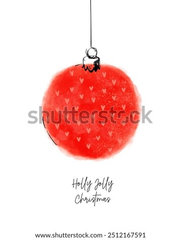 Christmas Vector Card with Red Bauble with Ornament Made of Hearts. Red Hand Drawn Christmas Tree Ball on a White Background. Holly Jolly Christmas. Winter Holidays Print. RGB.