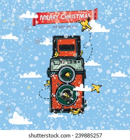 Christmas vector card with retro camera and birds on the background snowflakes.