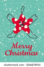 Christmas vector card in retro style. Red star on a blue background. New Year's mood, holiday.