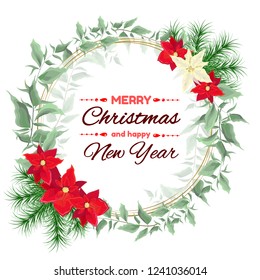 Christmas vector card. Round gold frame, poinsettia flowers, fir branches, green leaves. All elements are isolated. Christmas card.