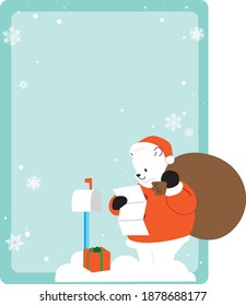 Christmas vector card with Santa bear reading a letter, Christmas letter wish list template with blank space.