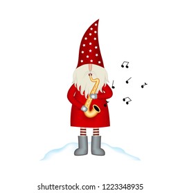 Christmas vector card Santa Claus on white background with saxophone