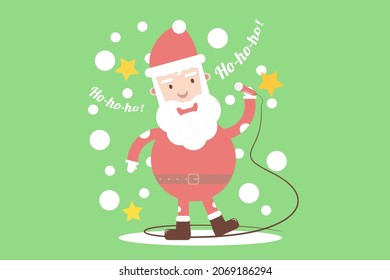 Christmas vector card. Santa Claus sings into the microphone and dances. Fabulous character. Original simple design. Winter graphic illustration with snowfall on a green background.