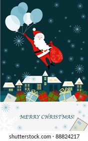 Christmas vector card with Santa flying in balloons