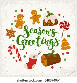 Christmas vector card. Season's Greetings calligraphy. Sweets icons. 