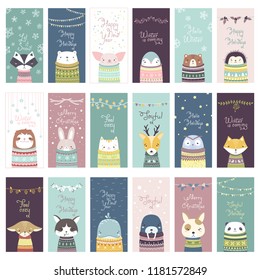 Tarjeta vectorial de Navidad con animales lindos. 18 Afiche con objetos encantadores en suéteres acogedores, en tonos pastel.
Ilustración plana minimalista al estilo escandinavo