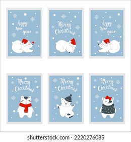 Christmas Vector Card set with cute animals. 18 Poster with charming objects in cozy sweaters, in pastel colors. Minimalistic flat illustration in Scandinavian style