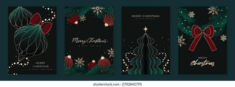 Cartão vetor de Natal conjunto com folhas holly, bagas vermelhas, arco de fita, árvore festiva e flocos de neve de ouro em verde profundo — ilustração sazonal para cartões de férias.