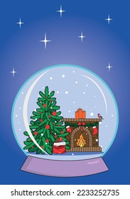 Christmas vector card with a snow globe in which a decorated Christmas tree, fireplace, candles and a bag with gifts