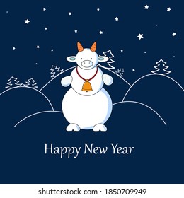 Tarjeta vectorial de Navidad con un muñeco de nieve. Postal con símbolo del año 2021.