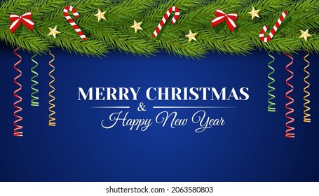 Christmas vector card with a strip of fir branches decorated with stars, serpentine, bow and candys on a blue background