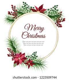 Christmas vector card. Template for greetings. Snow-covered fir branches, berries, poinsettia. All elements are isolated