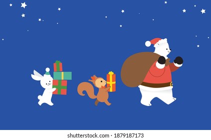 Christmas vector card, three animals walking with gifts, bunny, squirrel and santa polar bear